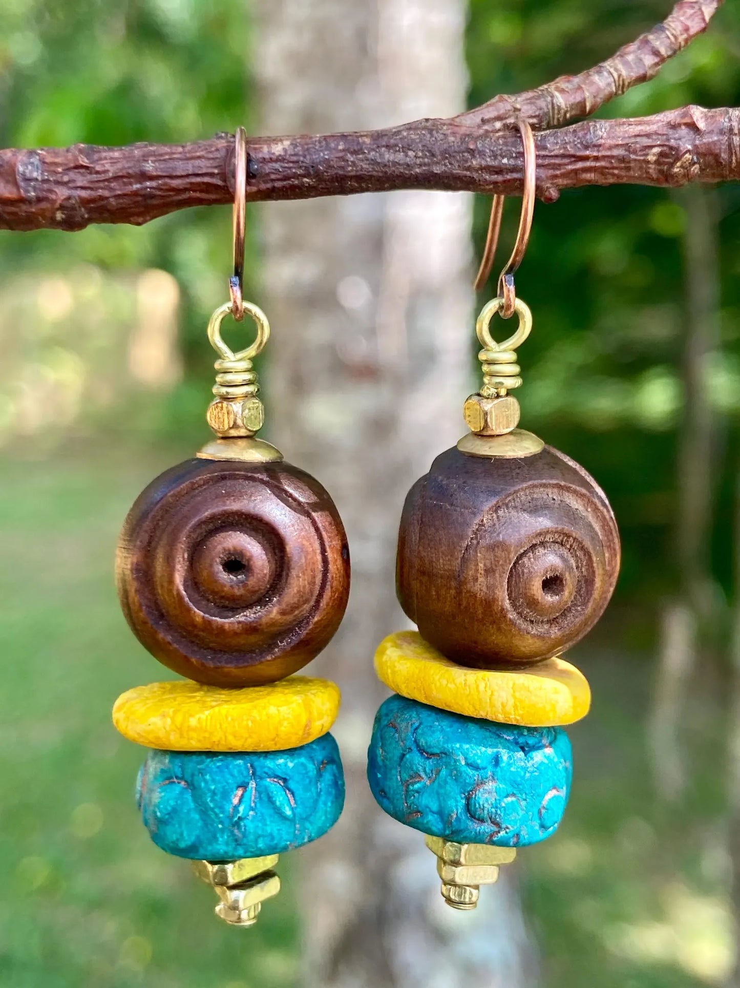 Bohemian Vintage Carved Olive Wood Earrings