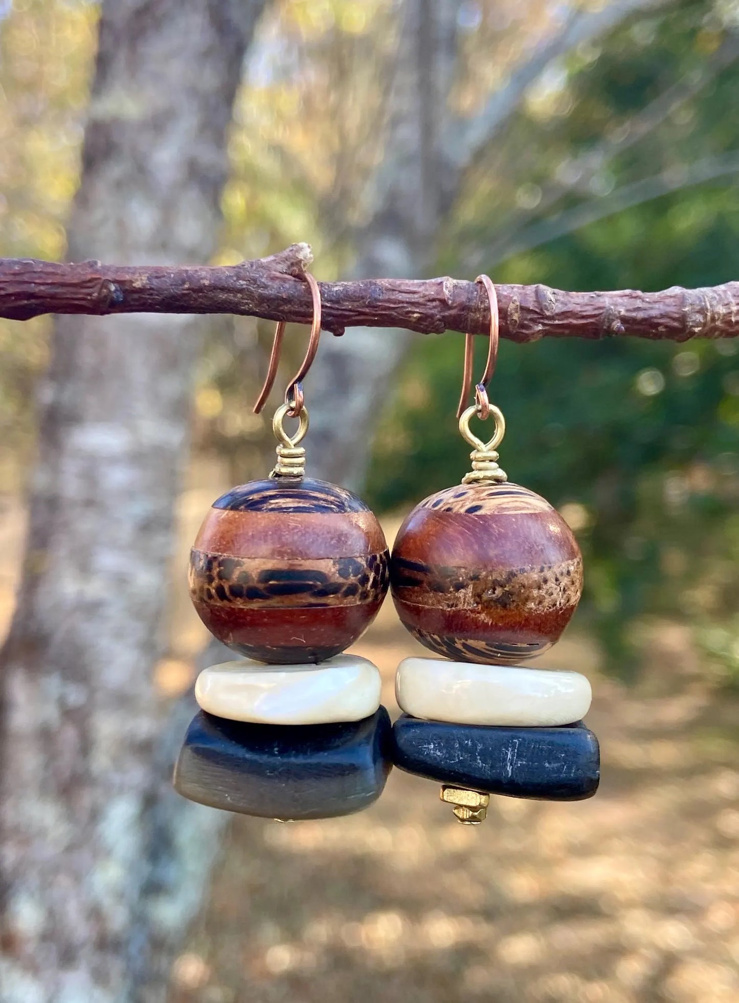 Earthy Tribal Boho Earrings • Natural Horn, Mookaite, & Kenya Amber Resin • Coconut Bone •