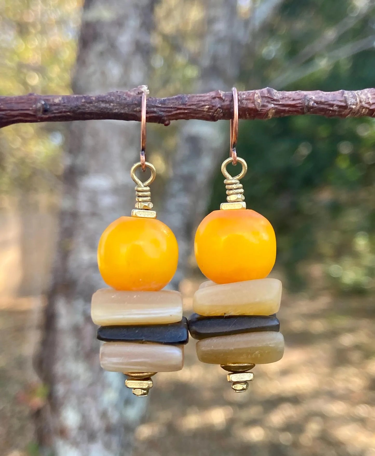 Earthy Tribal Boho Earrings • Natural Horn, Mookaite, & Kenya Amber Resin • Coconut Bone •