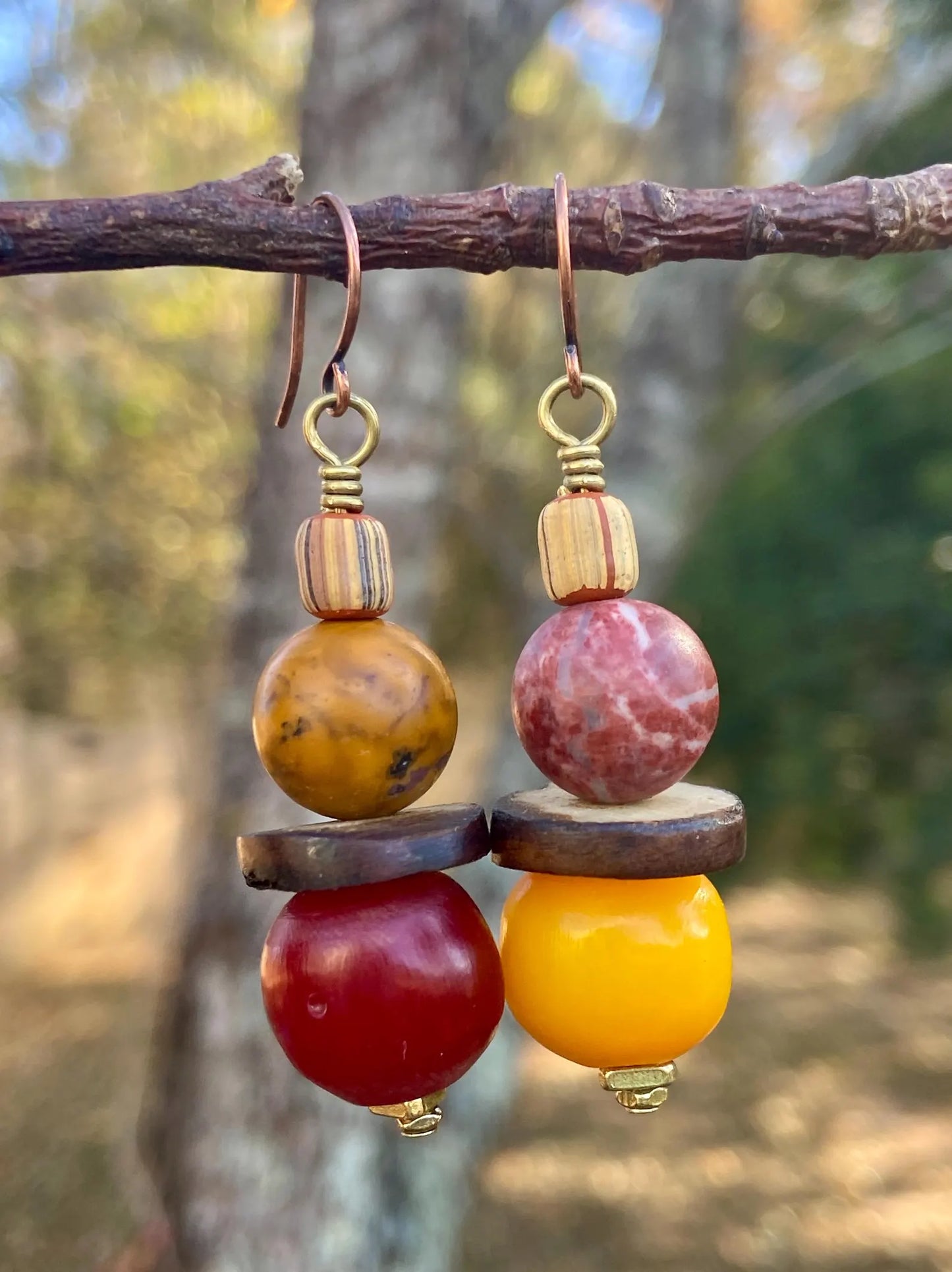 Earthy Tribal Boho Earrings • Natural Horn, Mookaite, & Kenya Amber Resin • Coconut Bone •