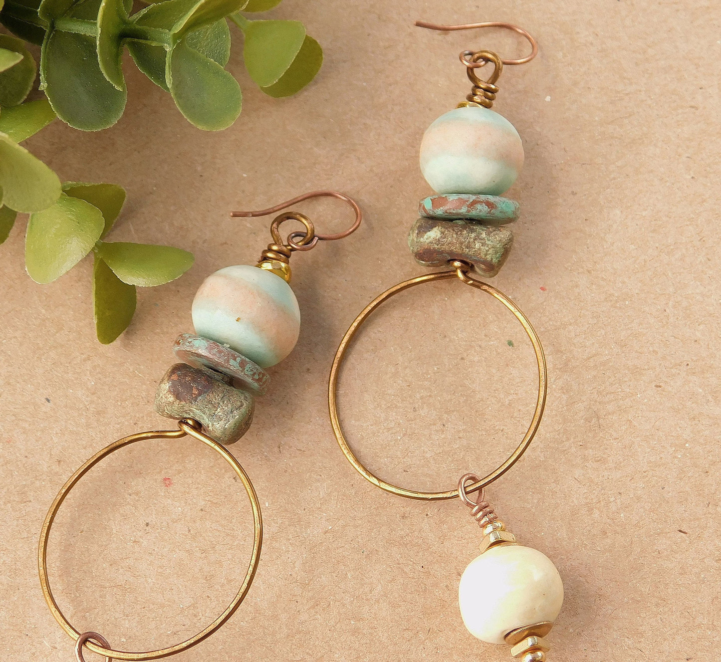 Turquoise and White Ceramic Bohemian Earrings