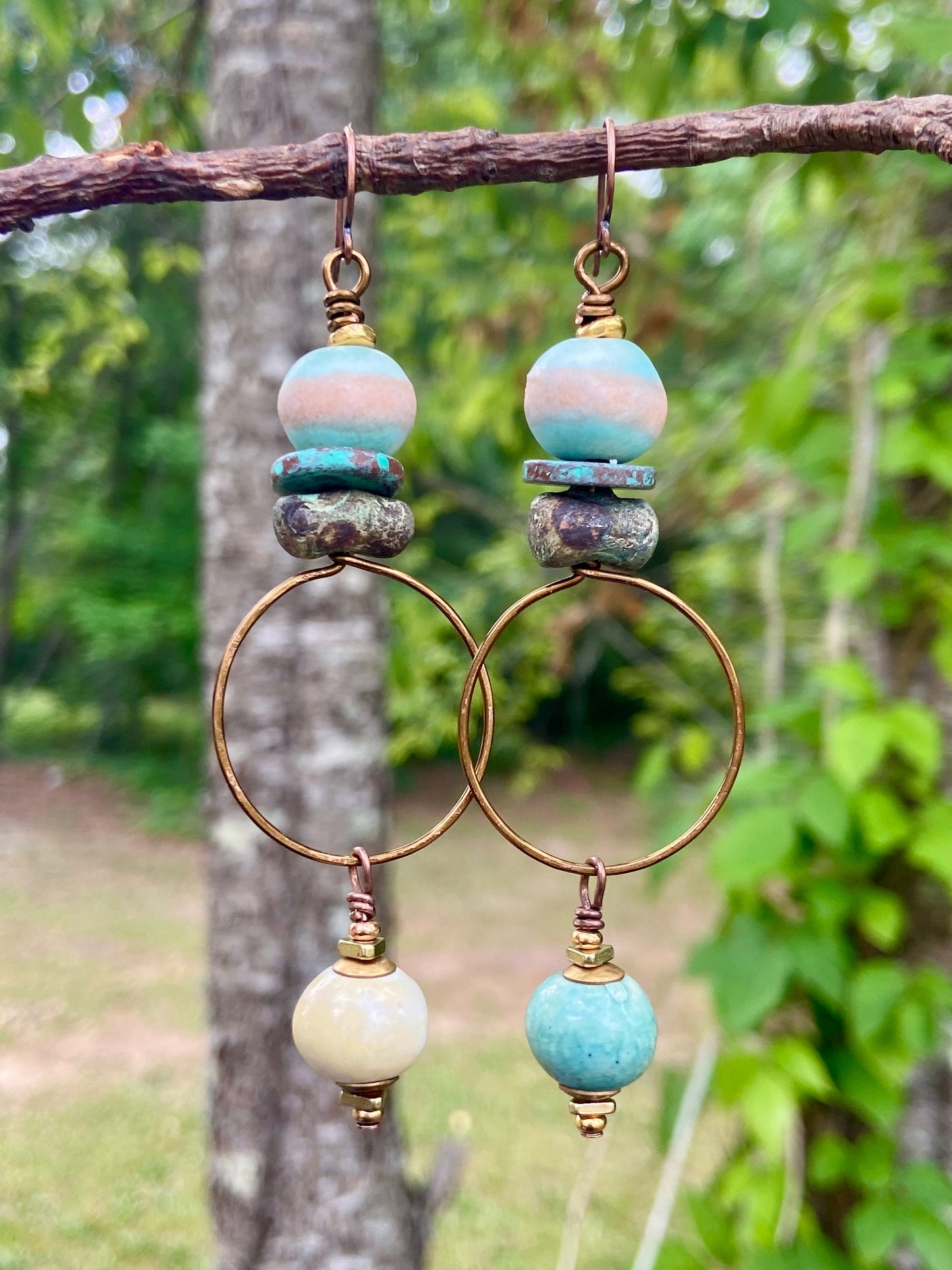 Turquoise and White Ceramic Bohemian Earrings