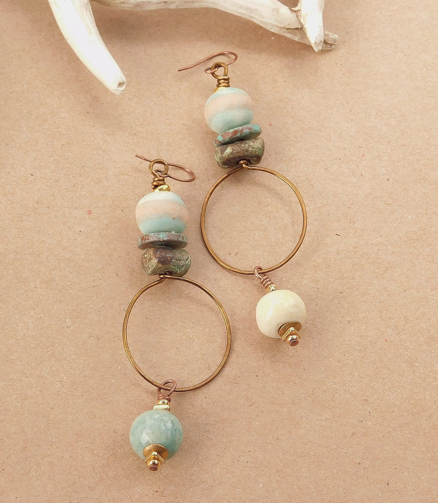 Turquoise and White Ceramic Bohemian Earrings