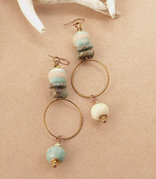 Turquoise and White Ceramic Bohemian Earrings