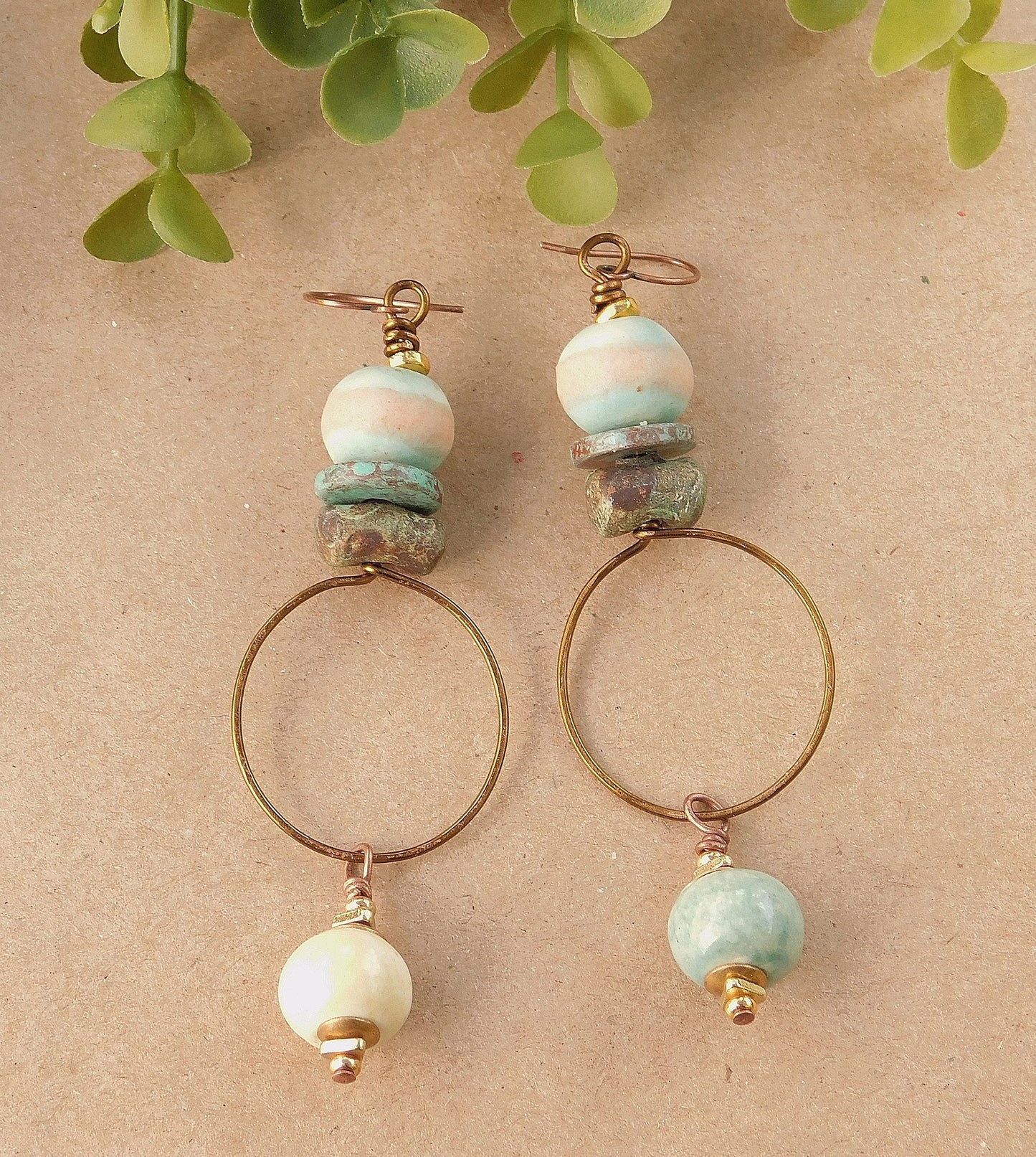 Turquoise and White Ceramic Bohemian Earrings