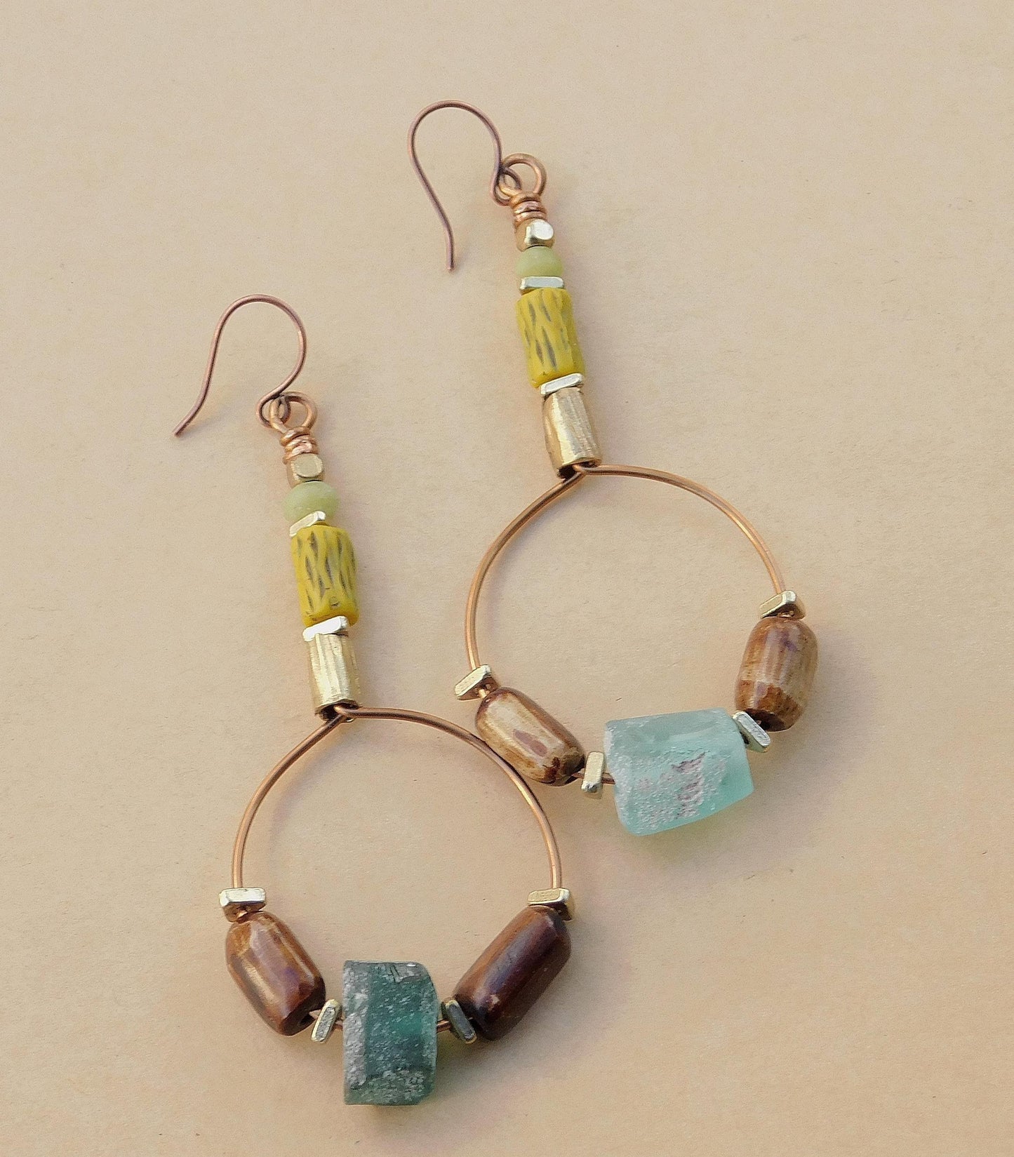 Roman Glass, Vintage Kakamba Bamboo Bead and Bone Hoop Earrings