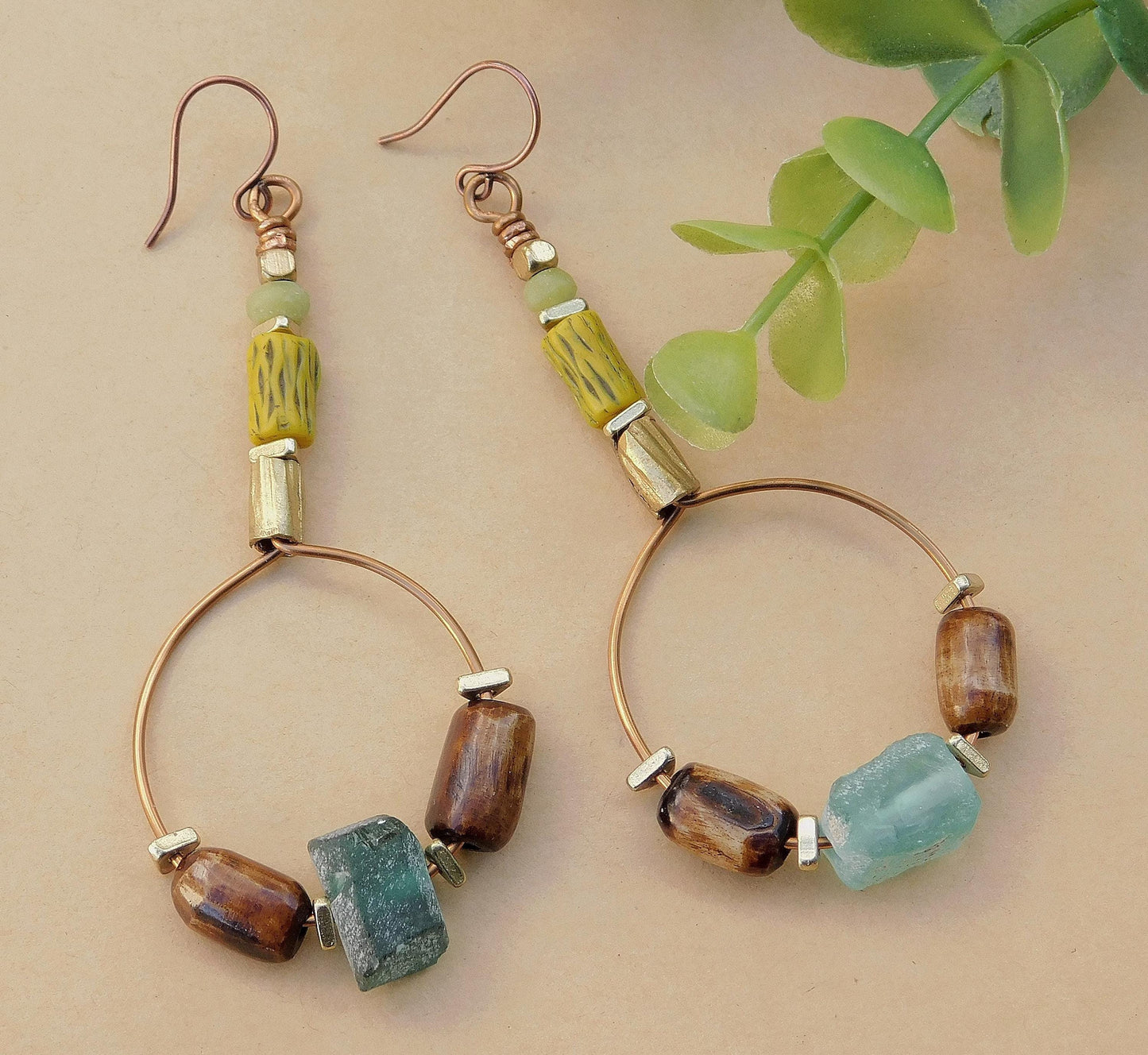 Roman Glass, Vintage Kakamba Bamboo Bead and Bone Hoop Earrings