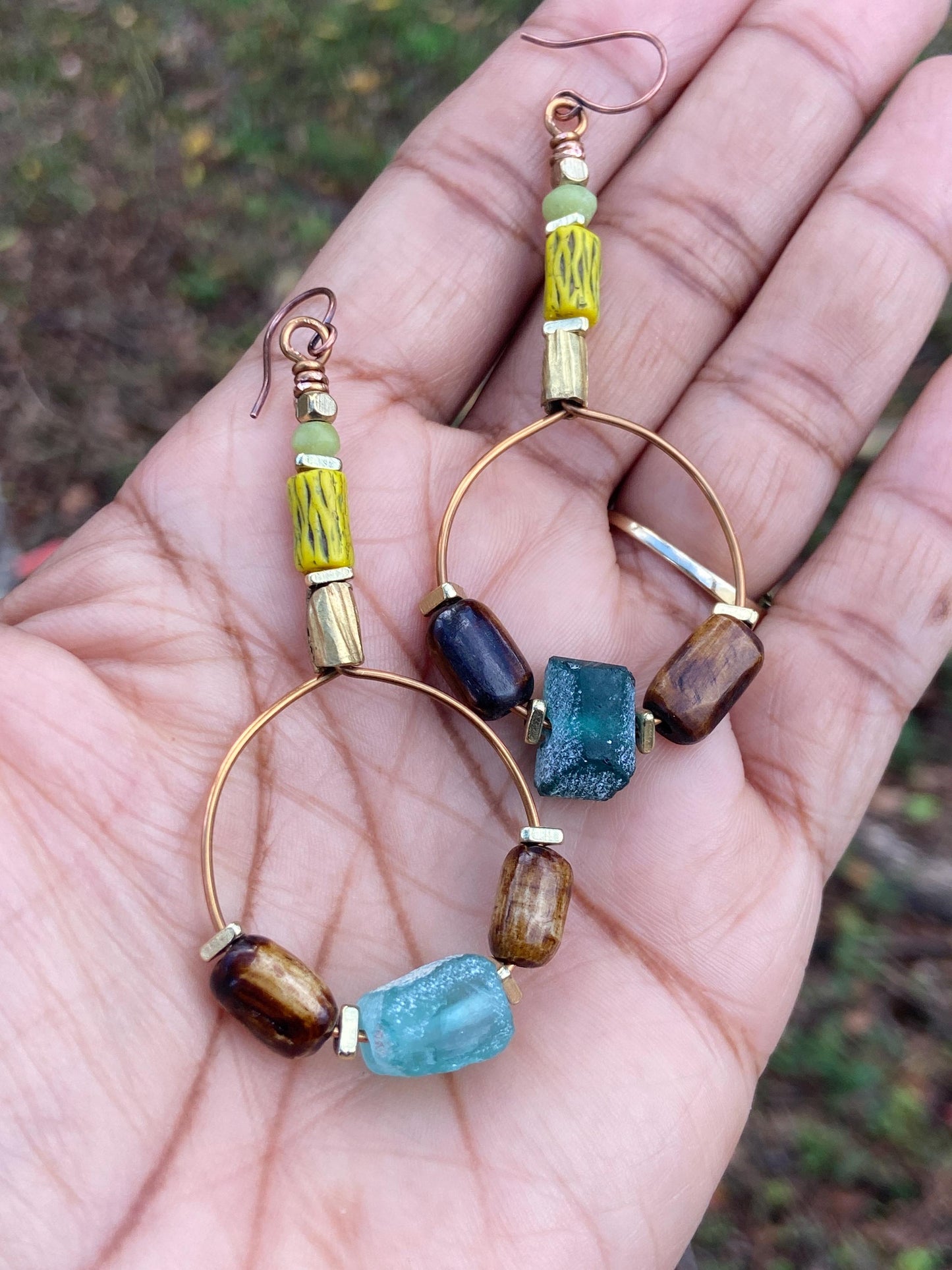 Roman Glass, Vintage Kakamba Bamboo Bead and Bone Hoop Earrings