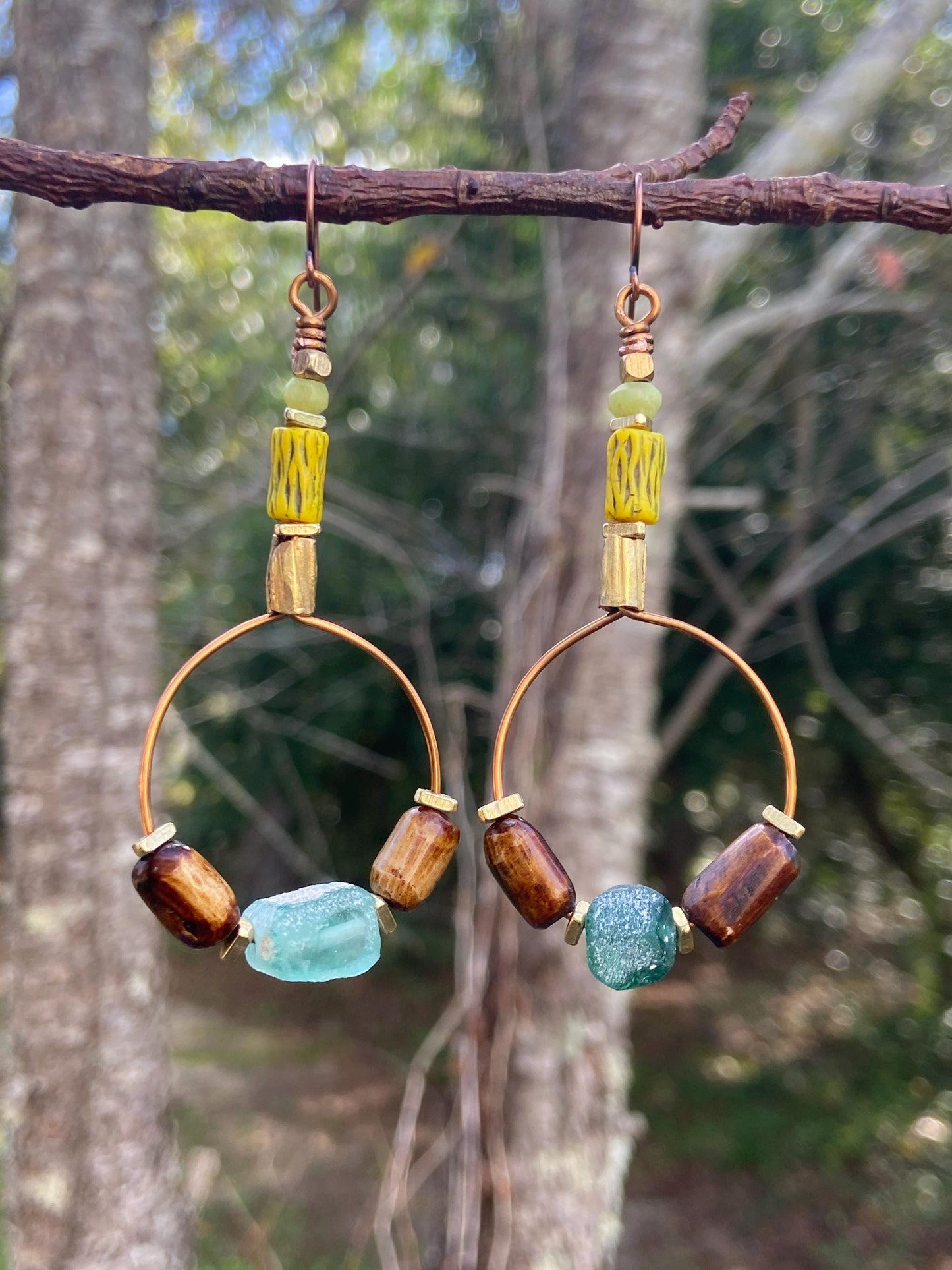 Roman Glass, Vintage Kakamba Bamboo Bead and Bone Hoop Earrings