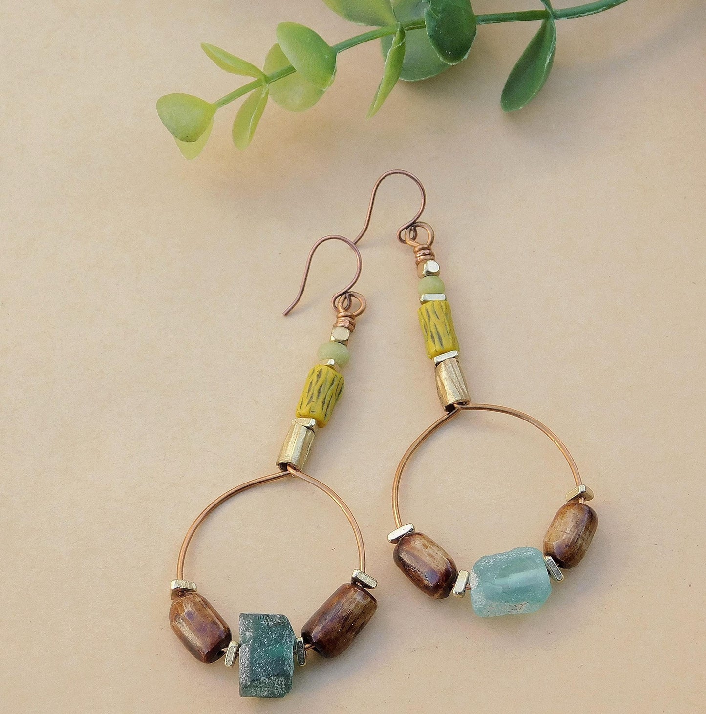 Roman Glass, Vintage Kakamba Bamboo Bead and Bone Hoop Earrings