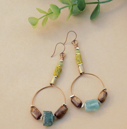 Roman Glass, Vintage Kakamba Bamboo Bead and Bone Hoop Earrings