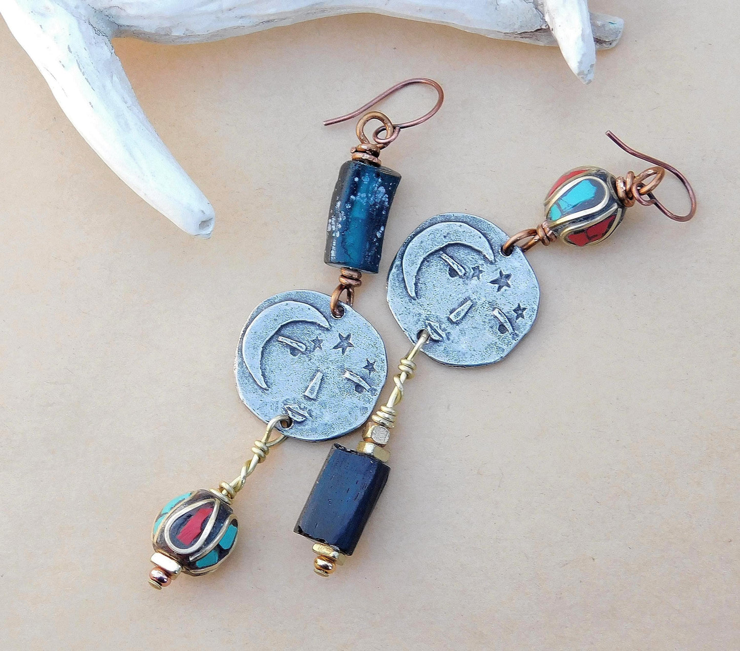 OOAK Boho Moon Face Charm Earrings
