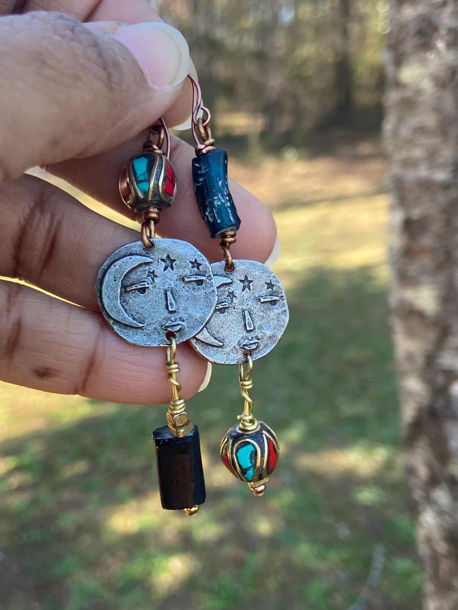 OOAK Boho Moon Face Charm Earrings