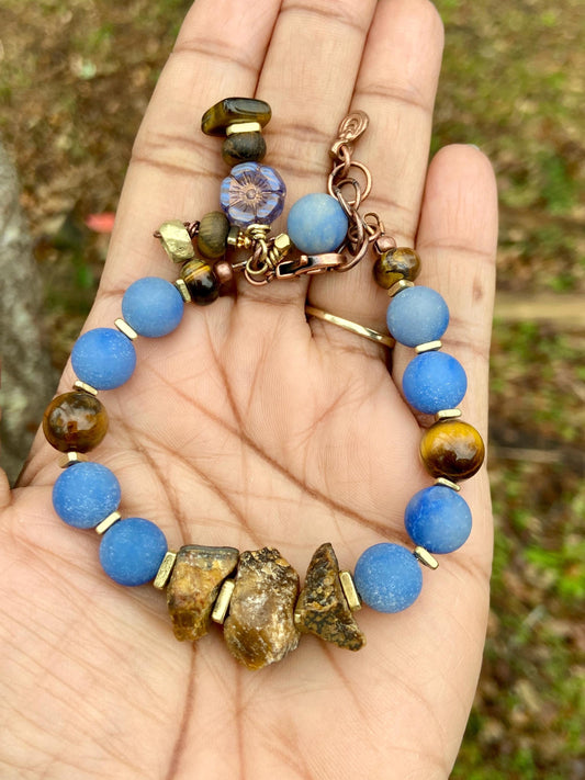 Handmade Tiger Eye and Blue Aventurine Gemstone Bracelet