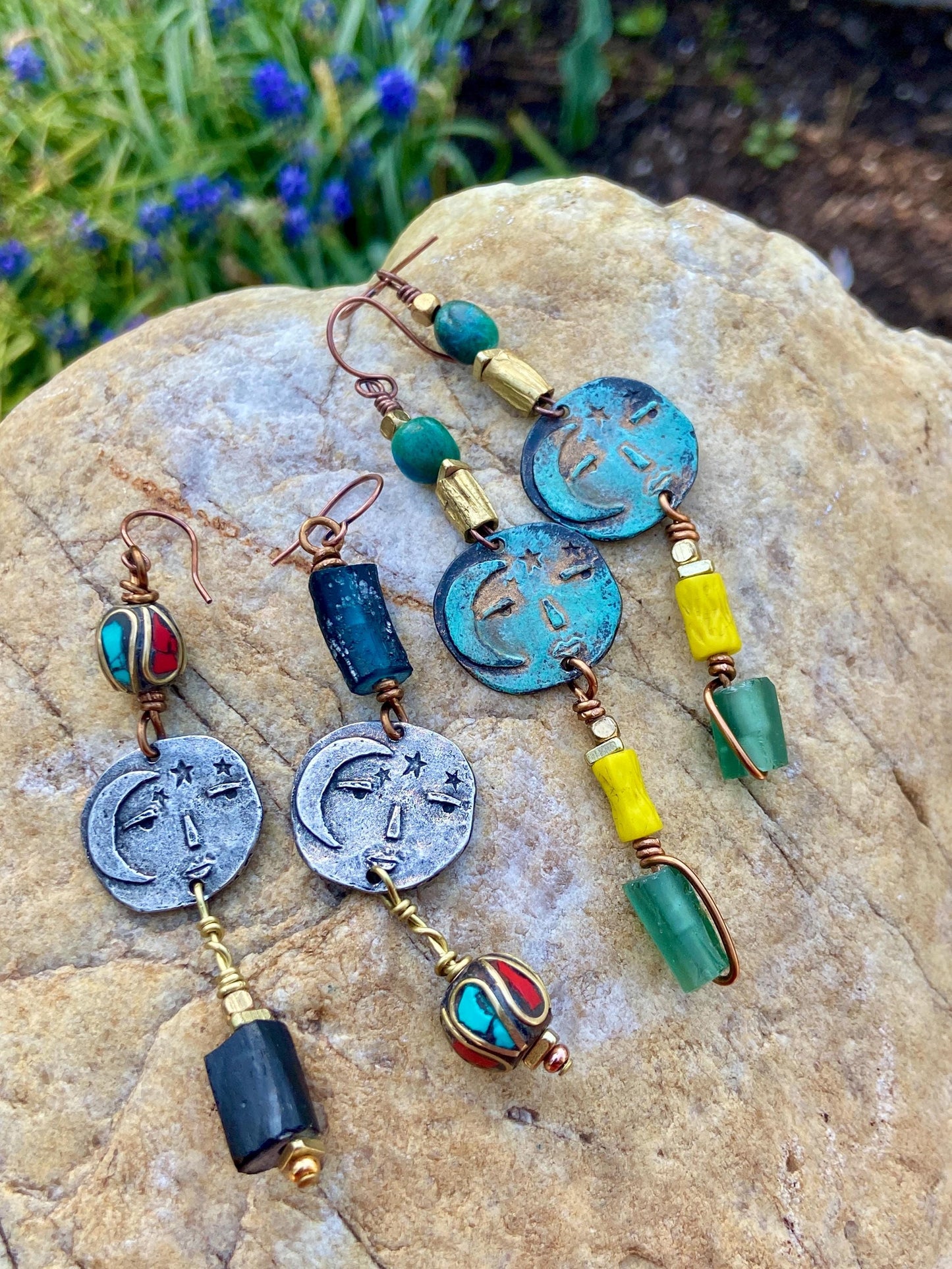 OOAK Boho Moon Face Charm Earrings