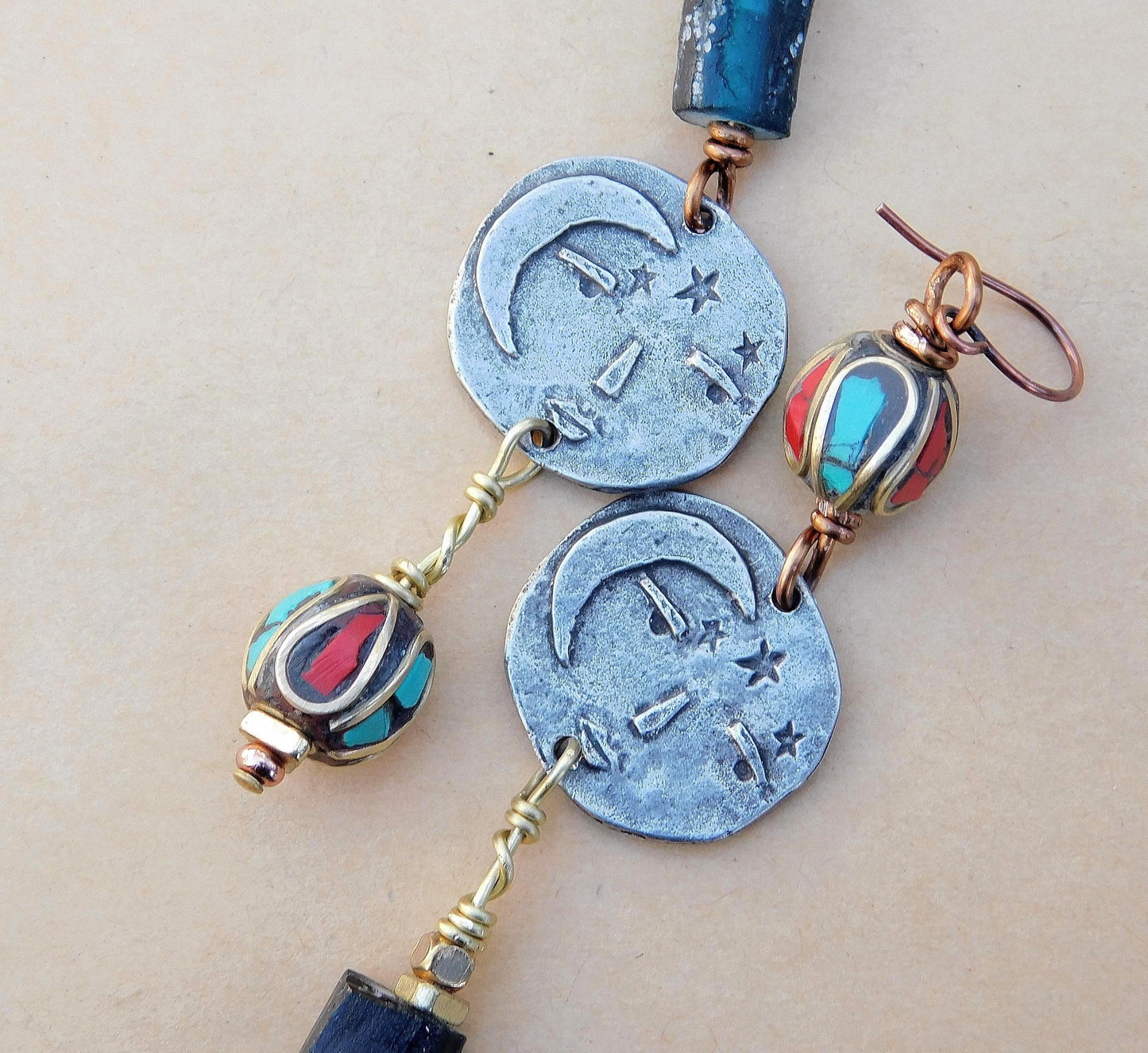 OOAK Boho Moon Face Charm Earrings