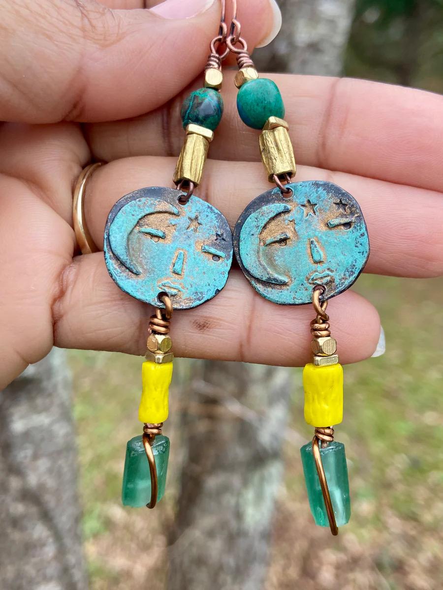 OOAK Boho Moon Face Charm Earrings