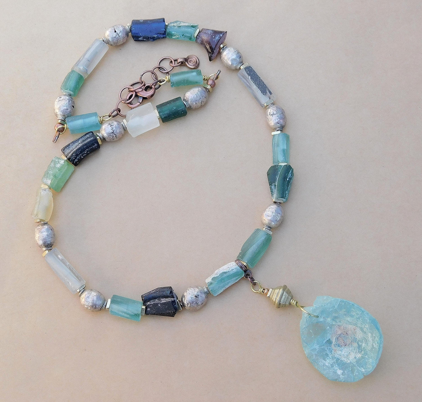 Dark Silver Ethiopian Prayer Beads and Roman Glass Necklace