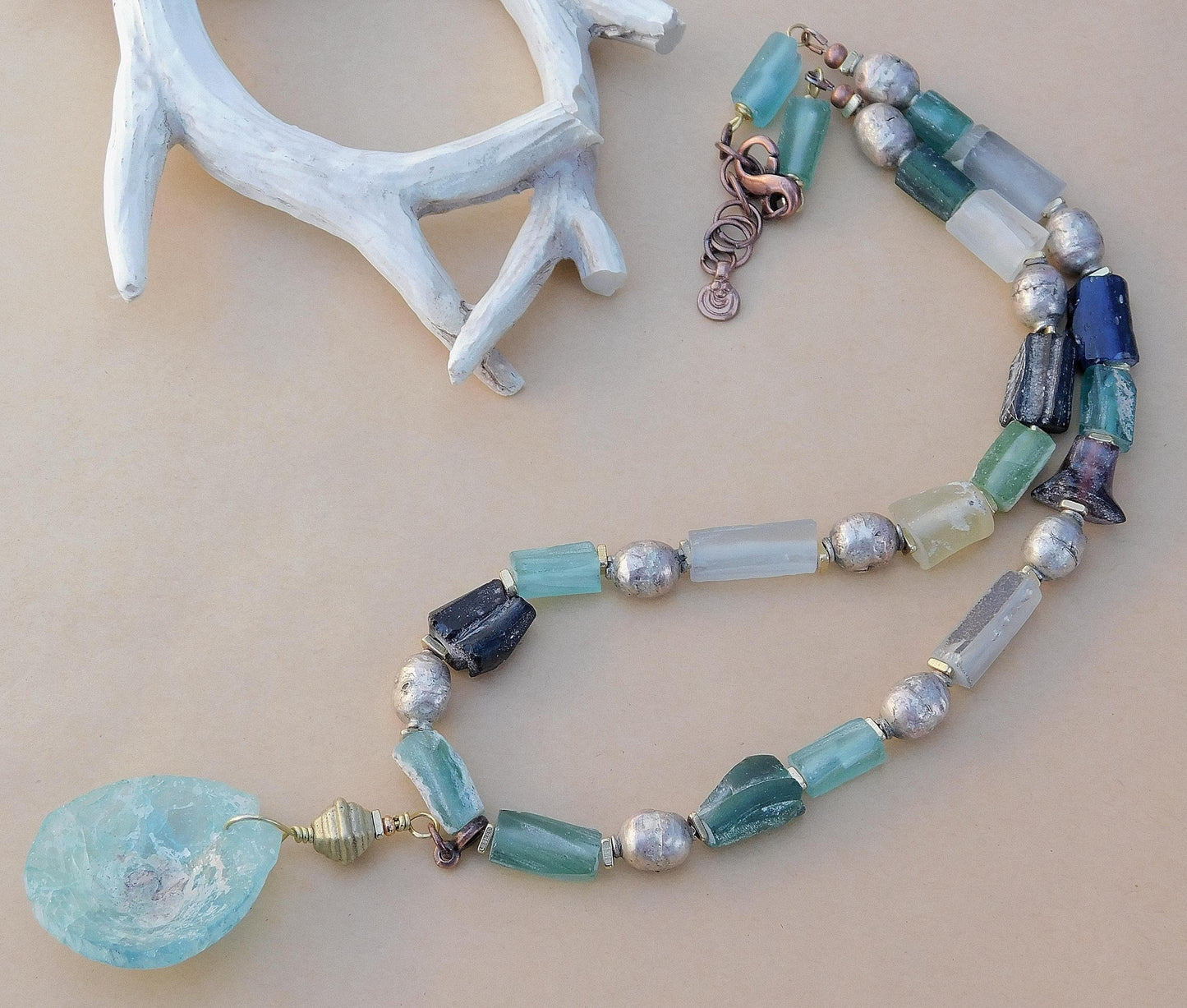 Dark Silver Ethiopian Prayer Beads and Roman Glass Necklace