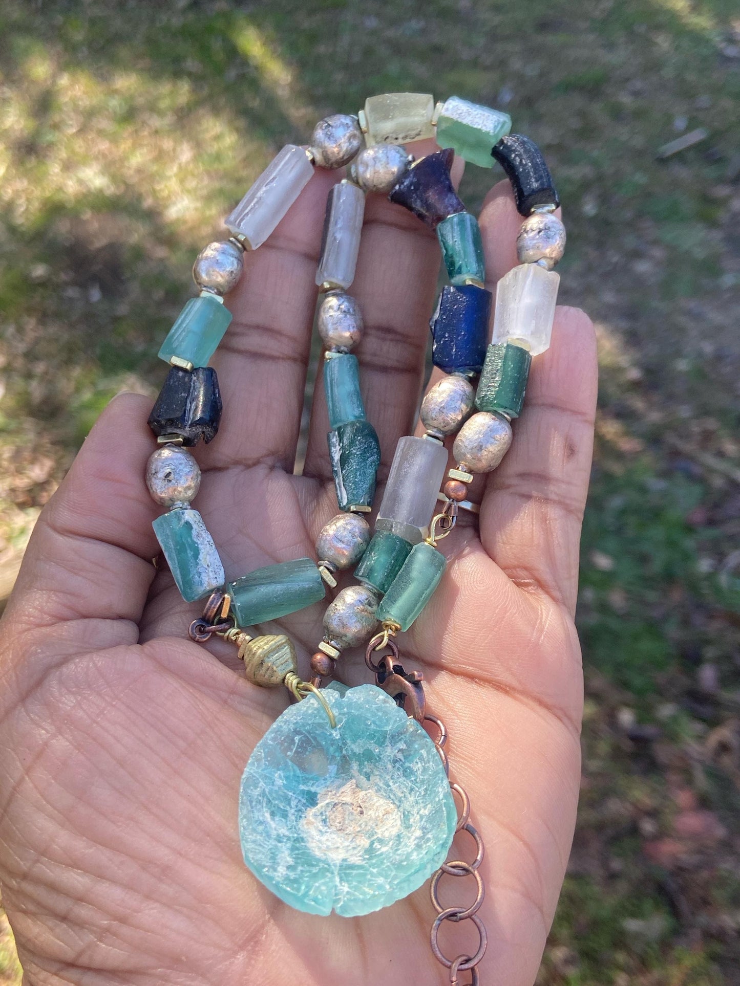 Dark Silver Ethiopian Prayer Beads and Roman Glass Necklace