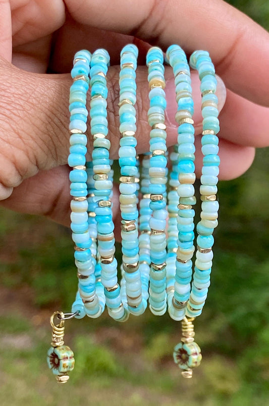 Turquoise and Sea Green Mussel Heishi Bead Bangle