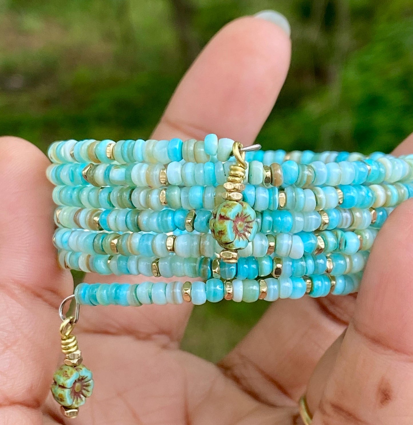 Turquoise and Sea Green Mussel Heishi Bead Bangle