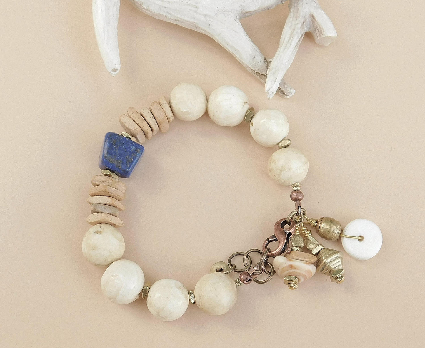Beach Inspired Bracelet: Naga Conch Shell, Tan Coconut Wood and Lapis Gemstone Focal