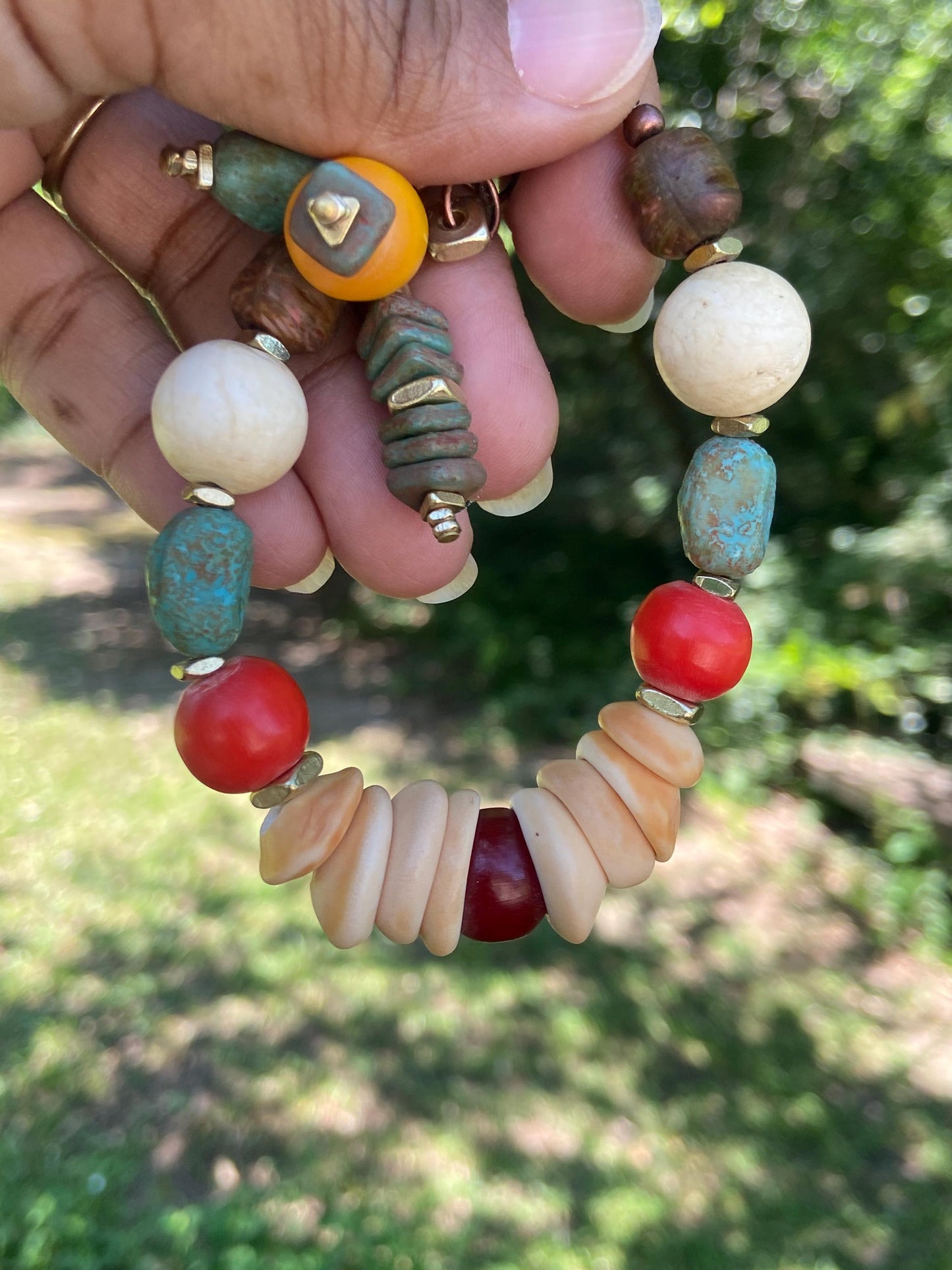 Natural West African Shell Bead Mixed Media Bracelet