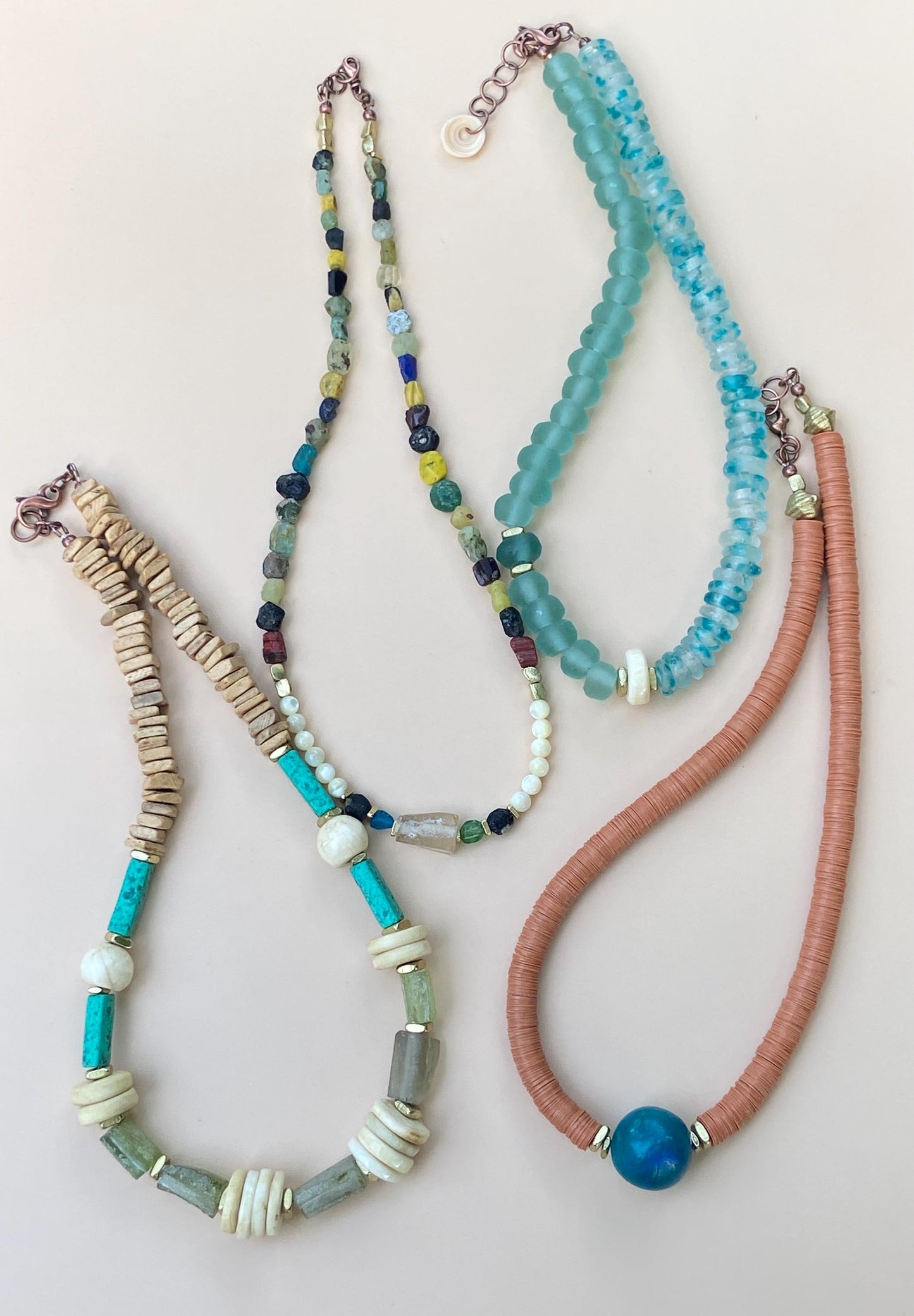 Roman Glass, Naga Conch Shell and Moroccan Pottery Bead Necklace