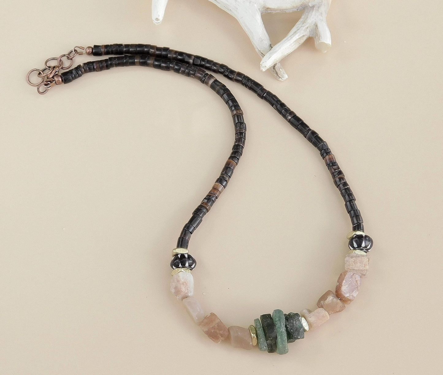 Black Natural Shell Heishi Beads and Gemstone Necklace