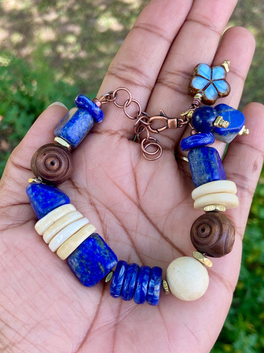 Chunky Lapis and Naga Conch Shell Bracelet