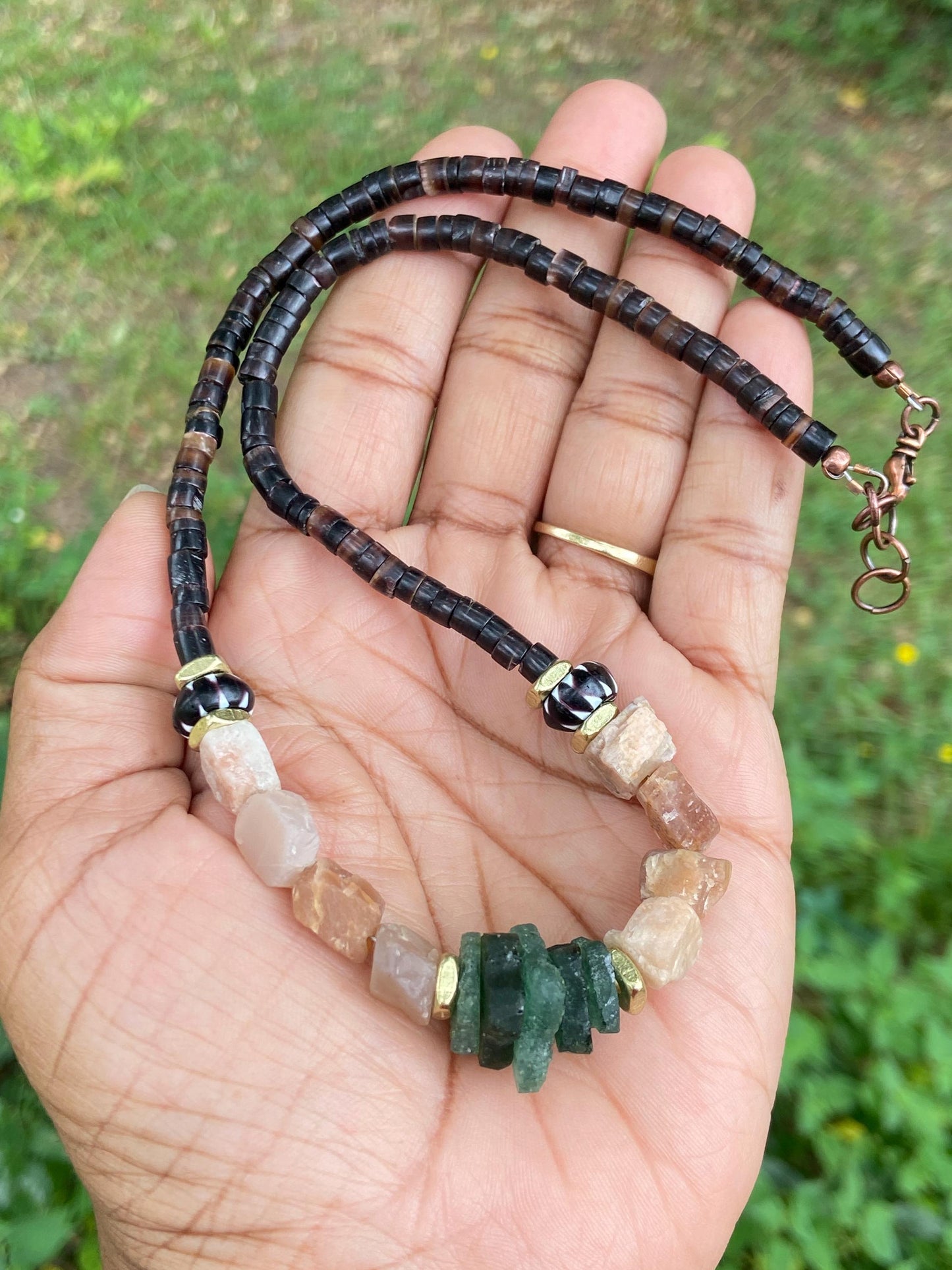 Black Natural Shell Heishi Beads and Gemstone Necklace