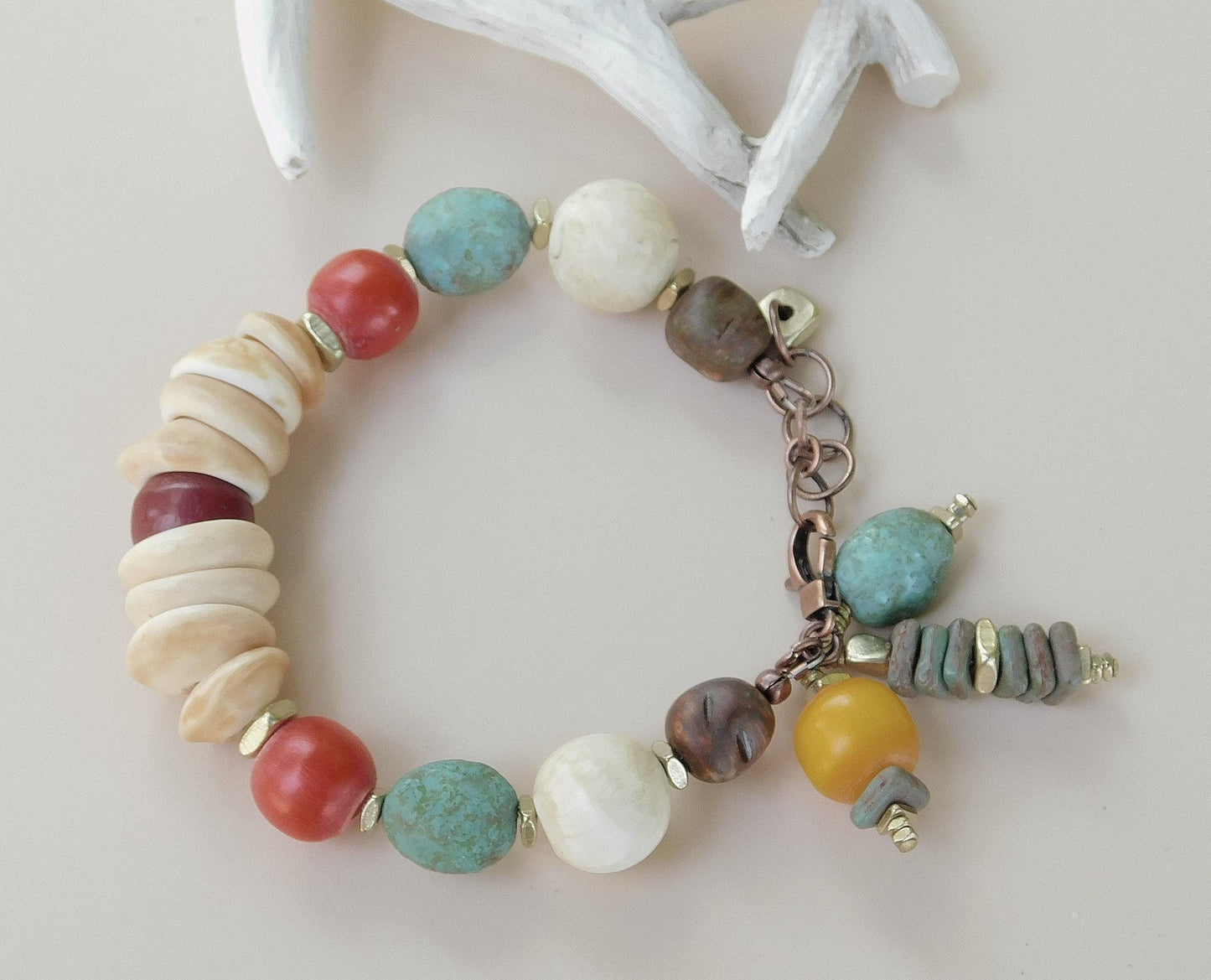 Natural West African Shell Bead Mixed Media Bracelet