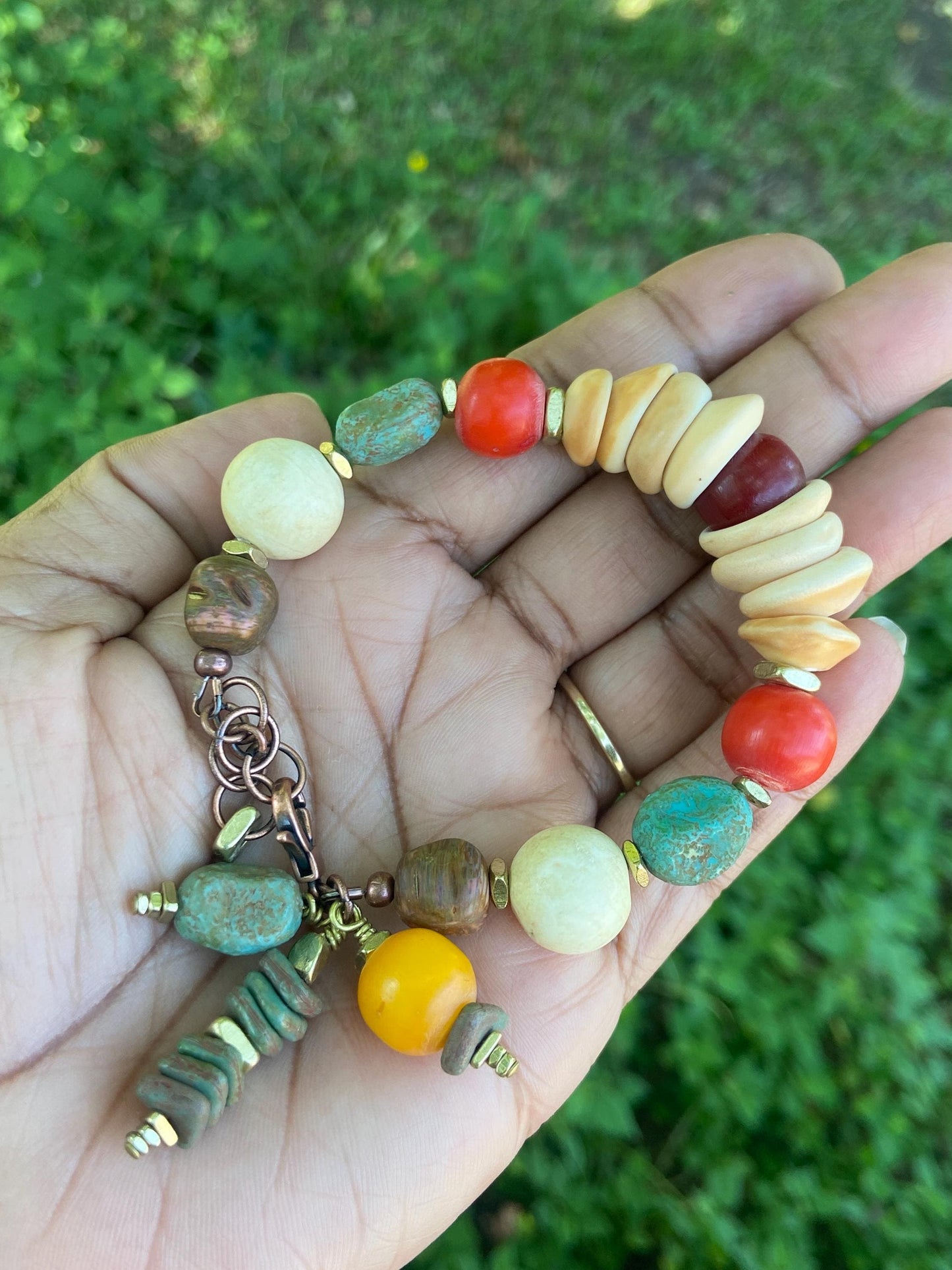 Natural West African Shell Bead Mixed Media Bracelet