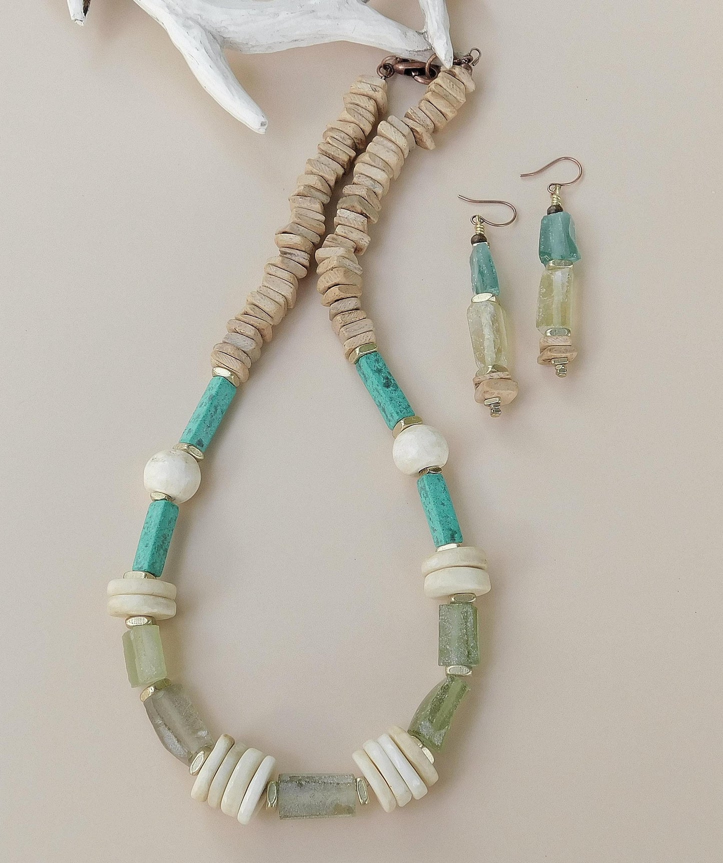 Roman Glass, Naga Conch Shell and Moroccan Pottery Bead Necklace