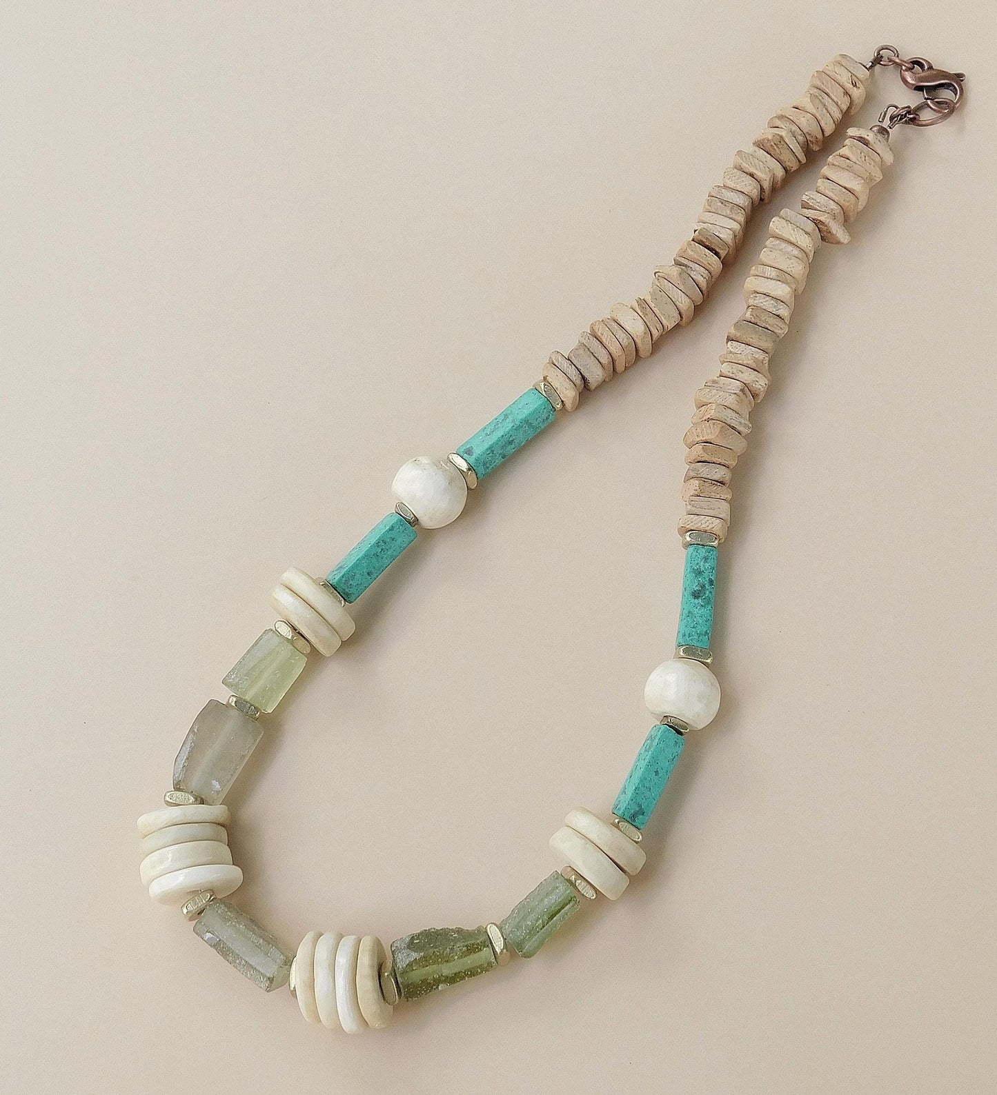 Roman Glass, Naga Conch Shell and Moroccan Pottery Bead Necklace