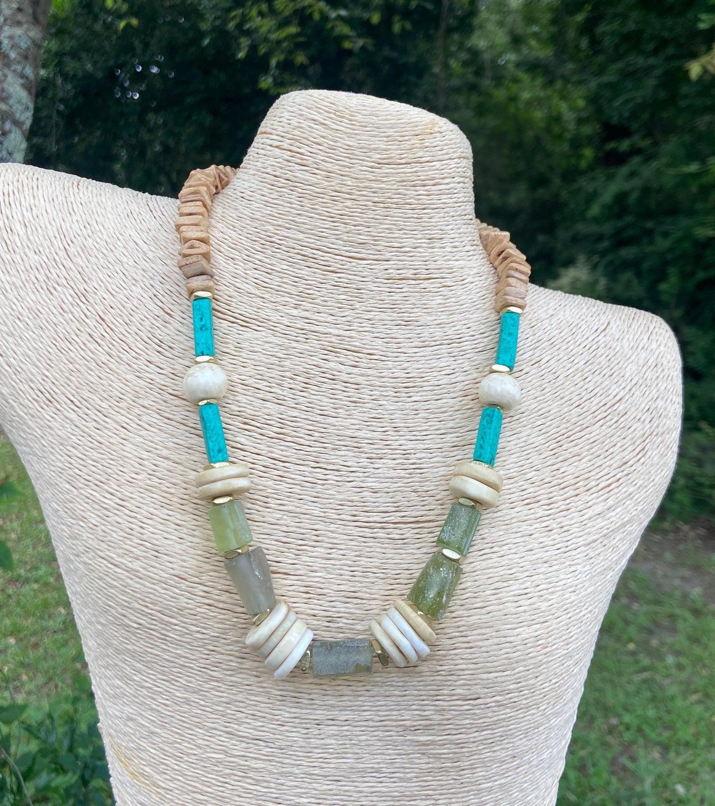 Roman Glass, Naga Conch Shell and Moroccan Pottery Bead Necklace