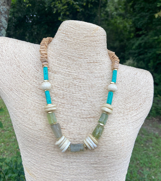 Roman Glass, Naga Conch Shell and Moroccan Pottery Bead Necklace