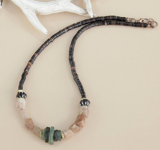Black Natural Shell Heishi Beads and Gemstone Necklace