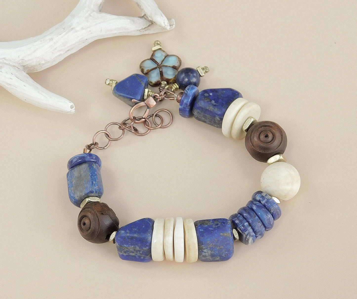 Chunky Lapis and Naga Conch Shell Bracelet