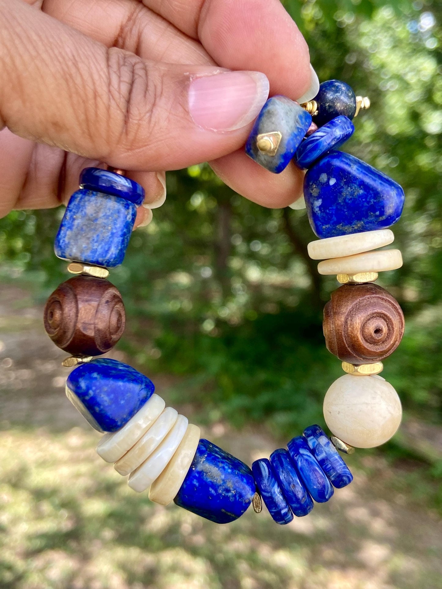 Chunky Lapis and Naga Conch Shell Bracelet