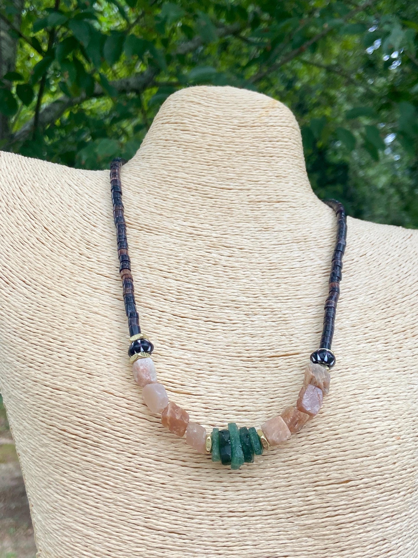Black Natural Shell Heishi Beads and Gemstone Necklace