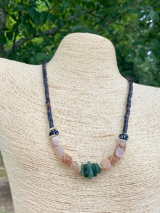 Black Natural Shell Heishi Beads and Gemstone Necklace