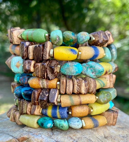 African Sandcast with Turquoise and Chrysocolla Nugget Bangle