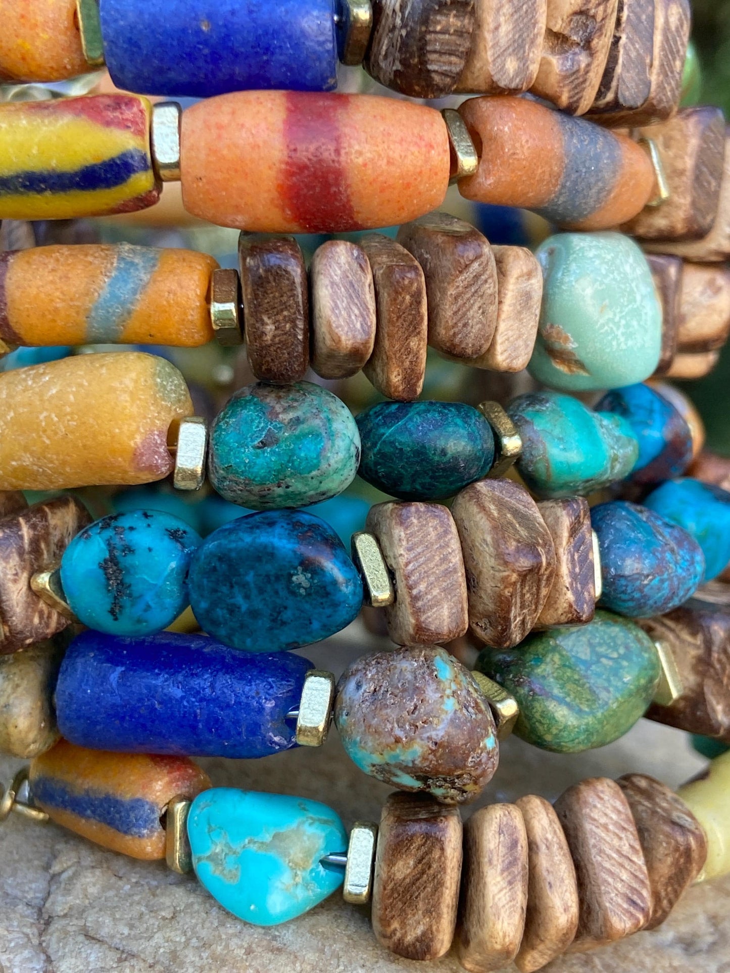 African Sandcast with Turquoise and Chrysocolla Nugget Bangle