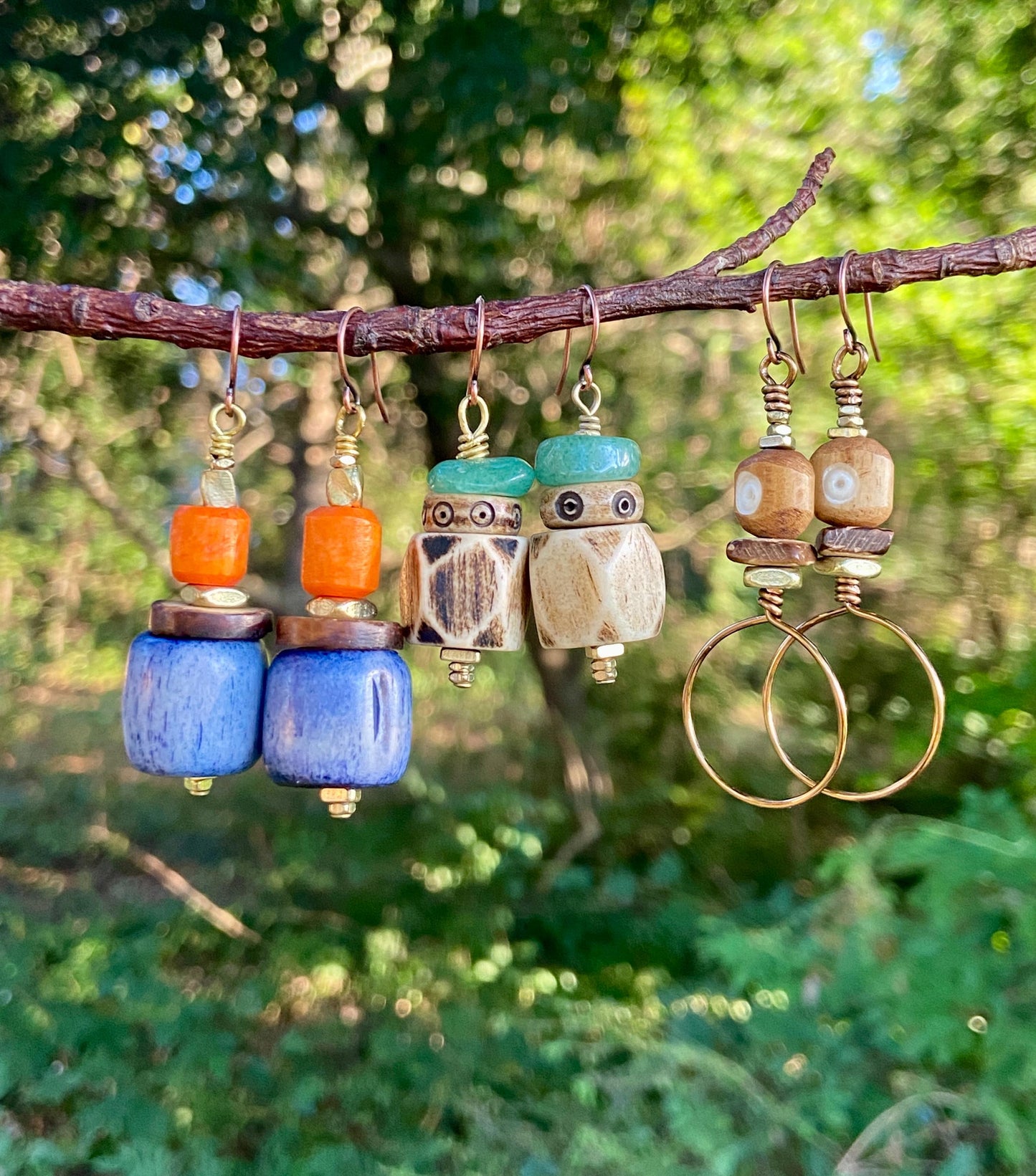 Boho Bone Earrings: Rustic Aventurine, Coconut Wood & Brass