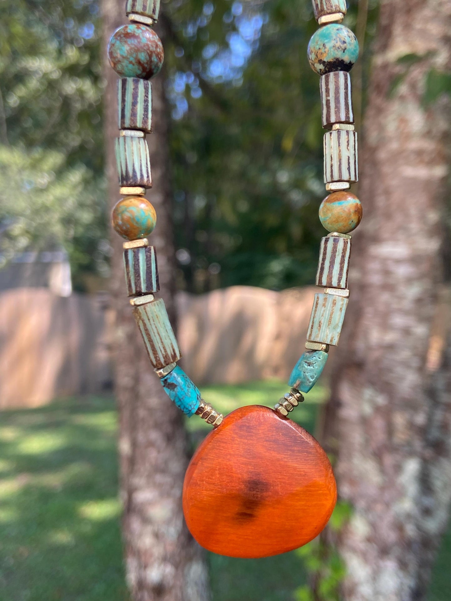 Boho Turquoise Gemstones and Mint Green Striped Bone Tube Beads