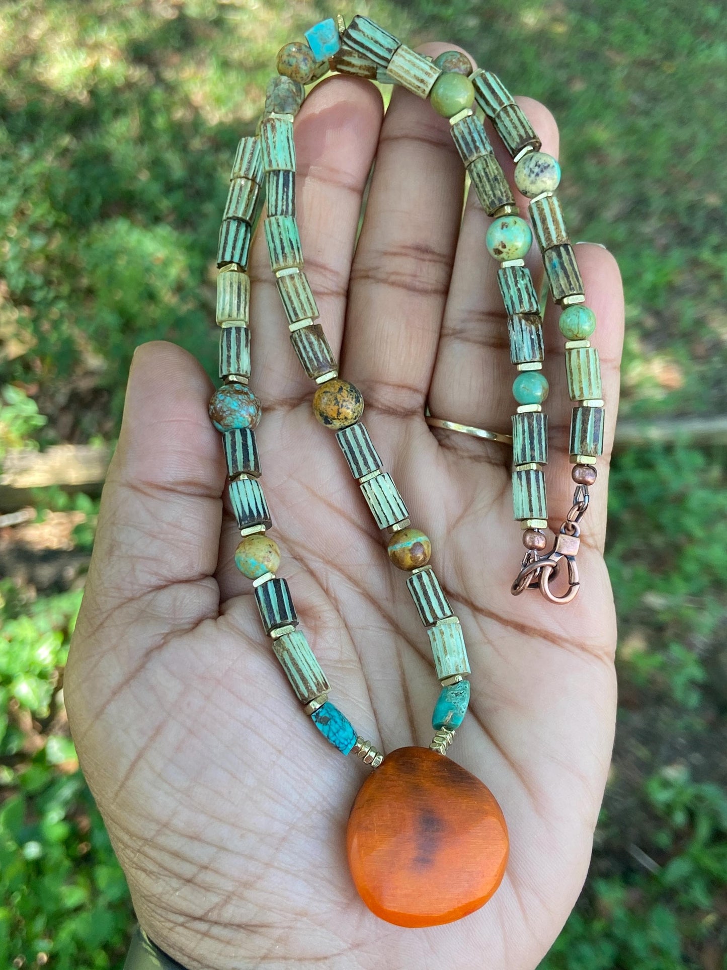 Boho Turquoise Gemstones and Mint Green Striped Bone Tube Beads
