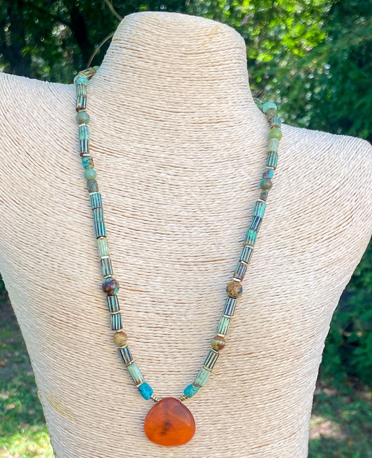 Boho Turquoise Gemstones and Mint Green Striped Bone Tube Beads