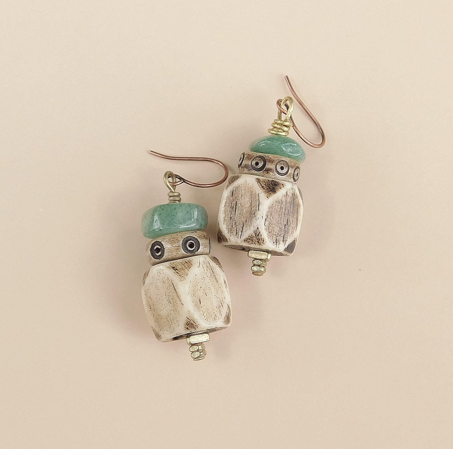 Boho Bone Earrings: Rustic Aventurine, Coconut Wood & Brass